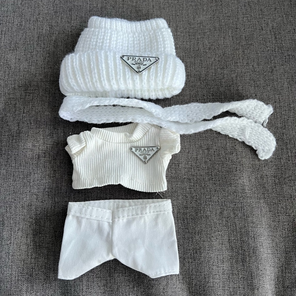 Prada White Doll Knit Beanie, Ribbed Top, Scarf & Shorts Set